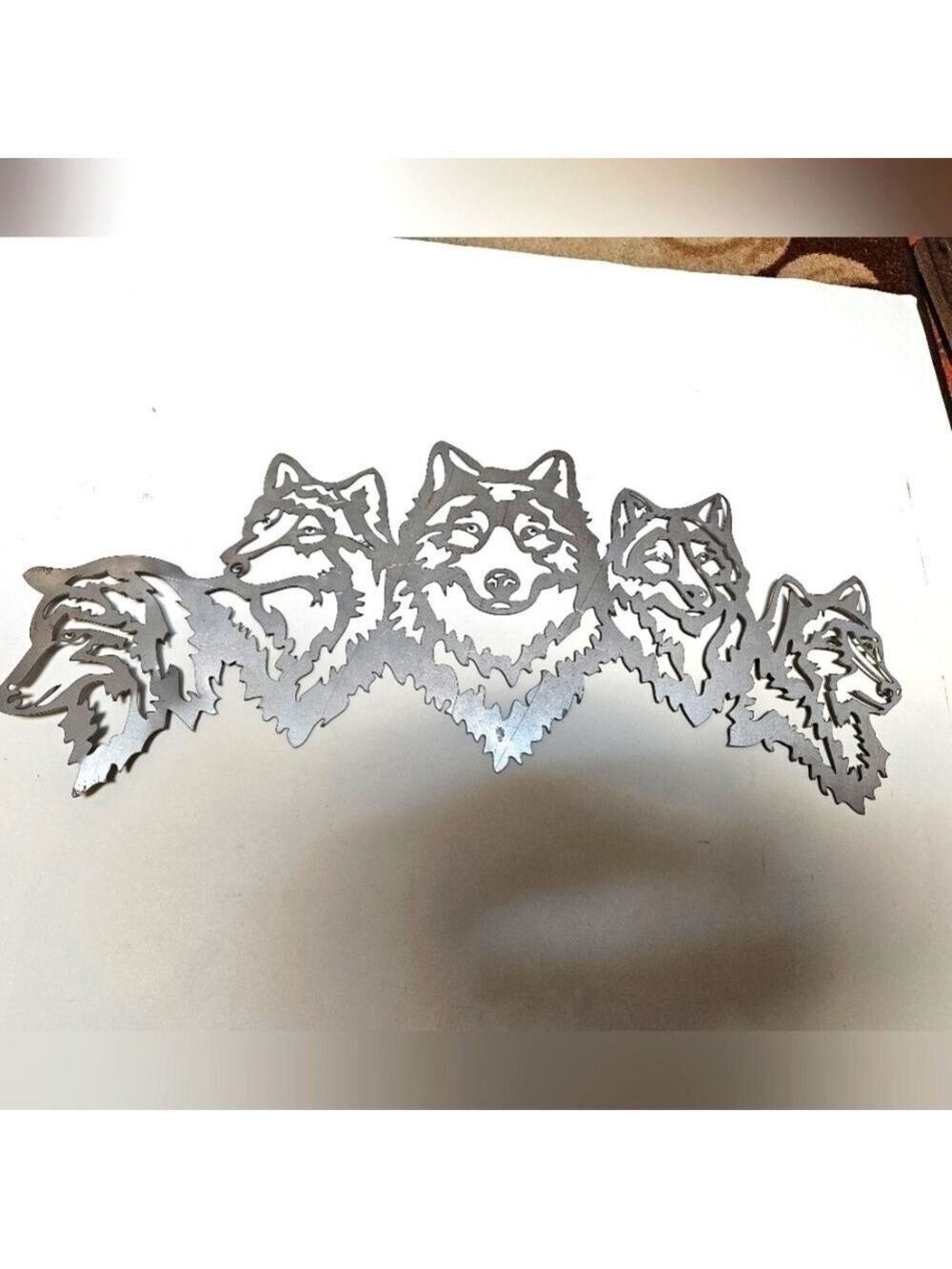 Vintage Steel 5 Wolf Heads Wall Sculpture
